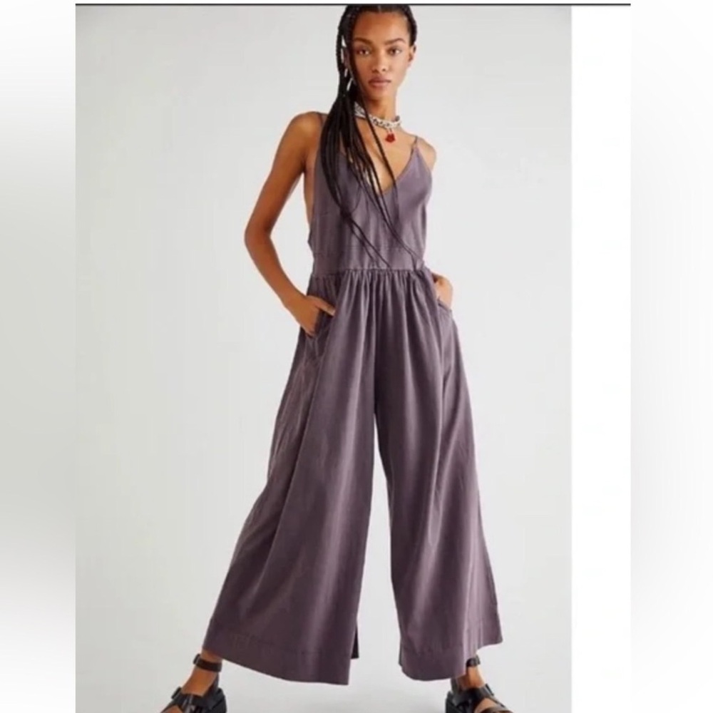 Free People Wide Leg V-Neck Jumpsuit in Dusty Purple